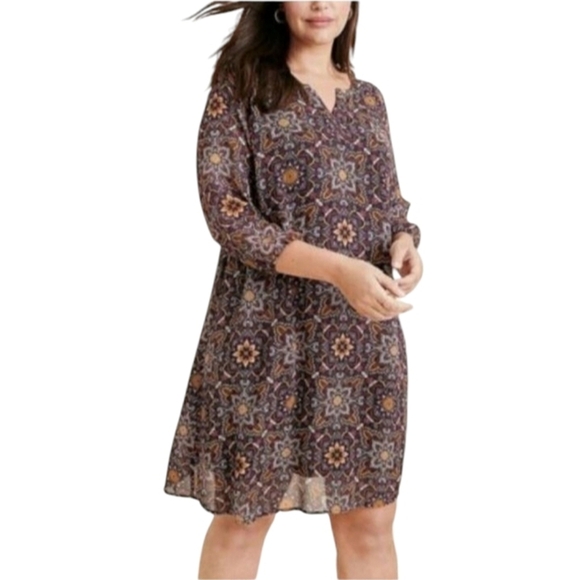 Ryllace Floral Silk Tunic Dress Split V Neck 3/4 Sleeve Red Tan Size 16 - Picture 1 of 9